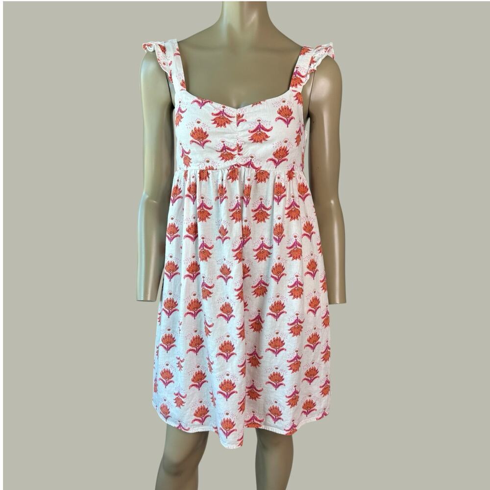J. Crew Linen Blend Babydoll Mini Dress Ruffle Strap Womens 2 Floral Pink Orange